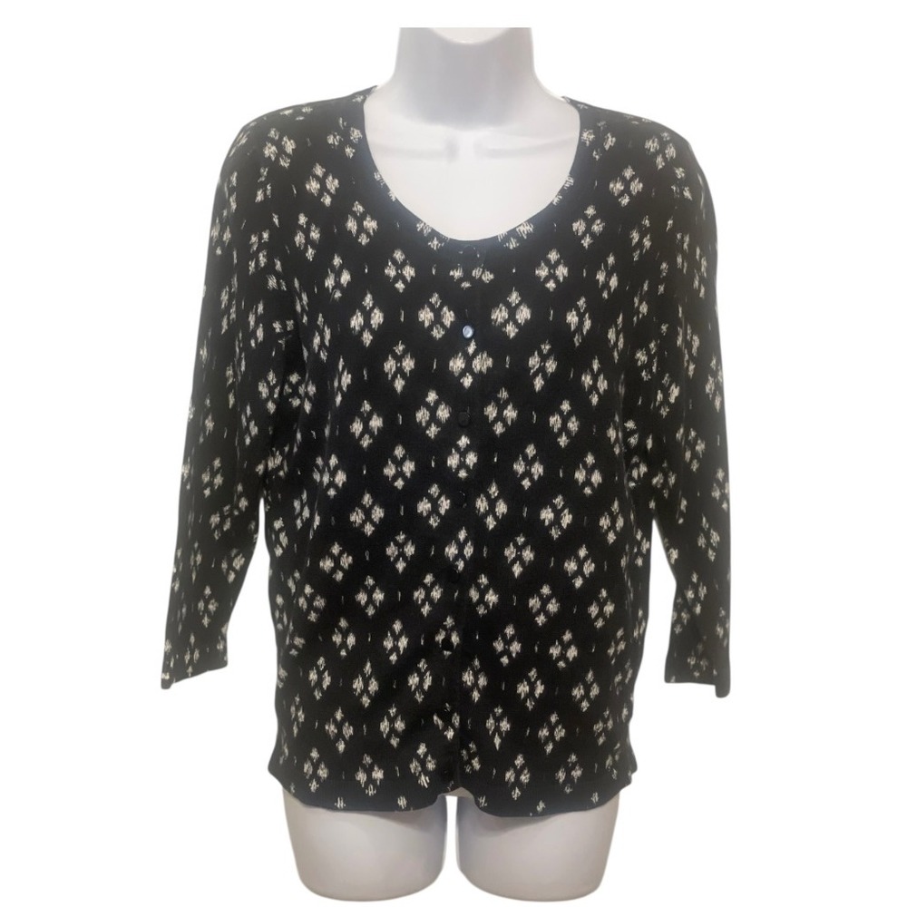 Talbots Womens Black White Diamond Pattern Knit Cardigan Sweater M - Picture 1 of 5